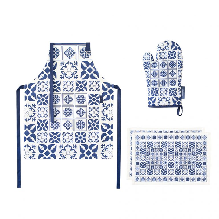 Pack cocina AZULEJO - Delantal + Manopla + Manteles Individuales - Azul