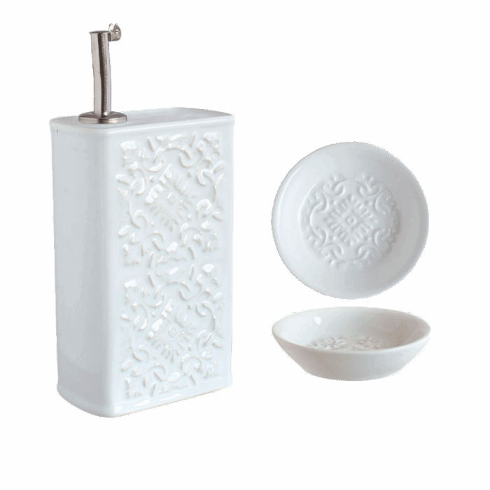 Olive Oil Bottle + 2 Tile Plates AZULEJO - Bundle Azulejo White
