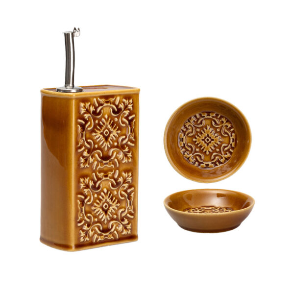 Galheteiro 500ml e Tigelas de Azeite "Azulejo" em Cerâmica- cor Ocre
